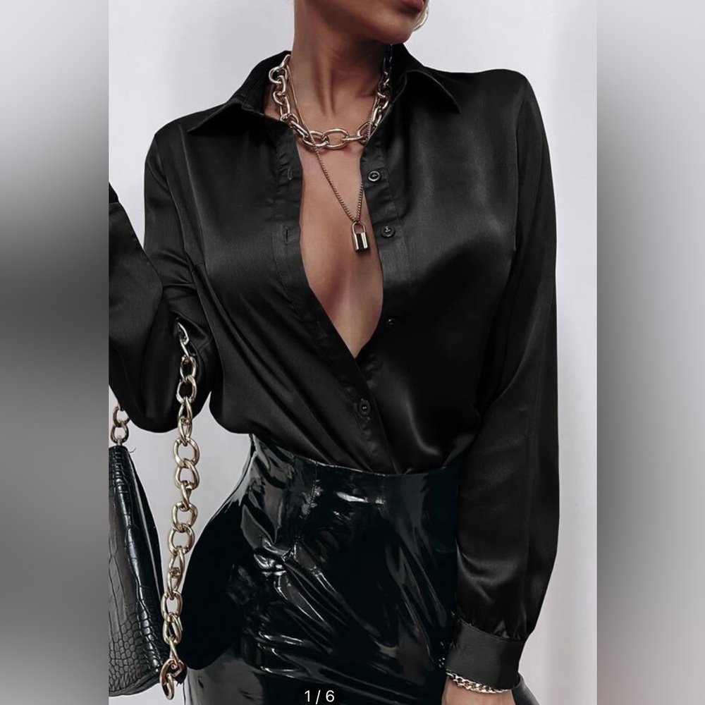 Solid Satin Front Button Shirt - Black - Size 12 (XL)